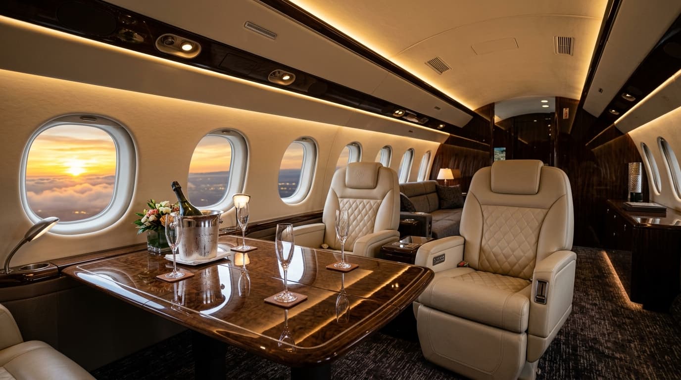 Luxury private jet executive cabin lounge suite with leather armchairs