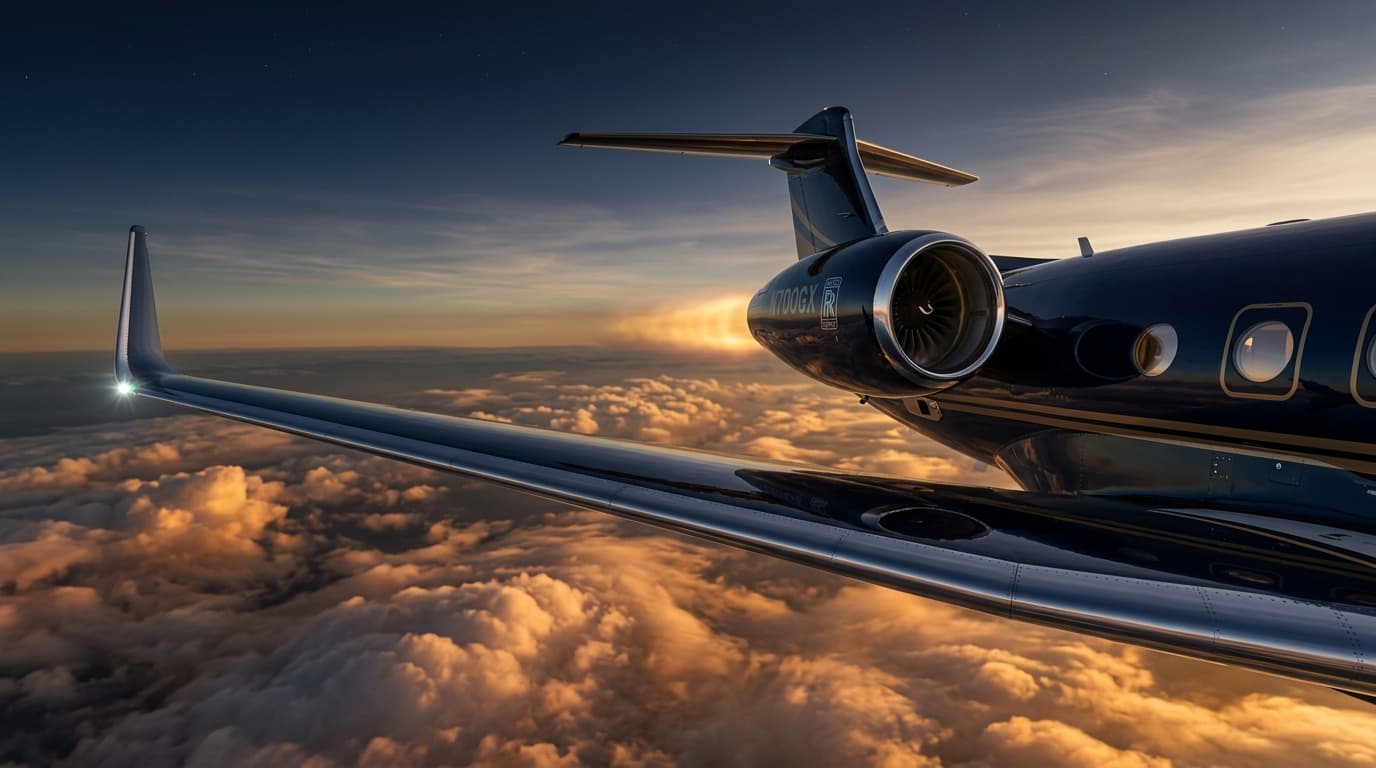 Private jet swept wing and turbine cruising through golden clouds at sunset